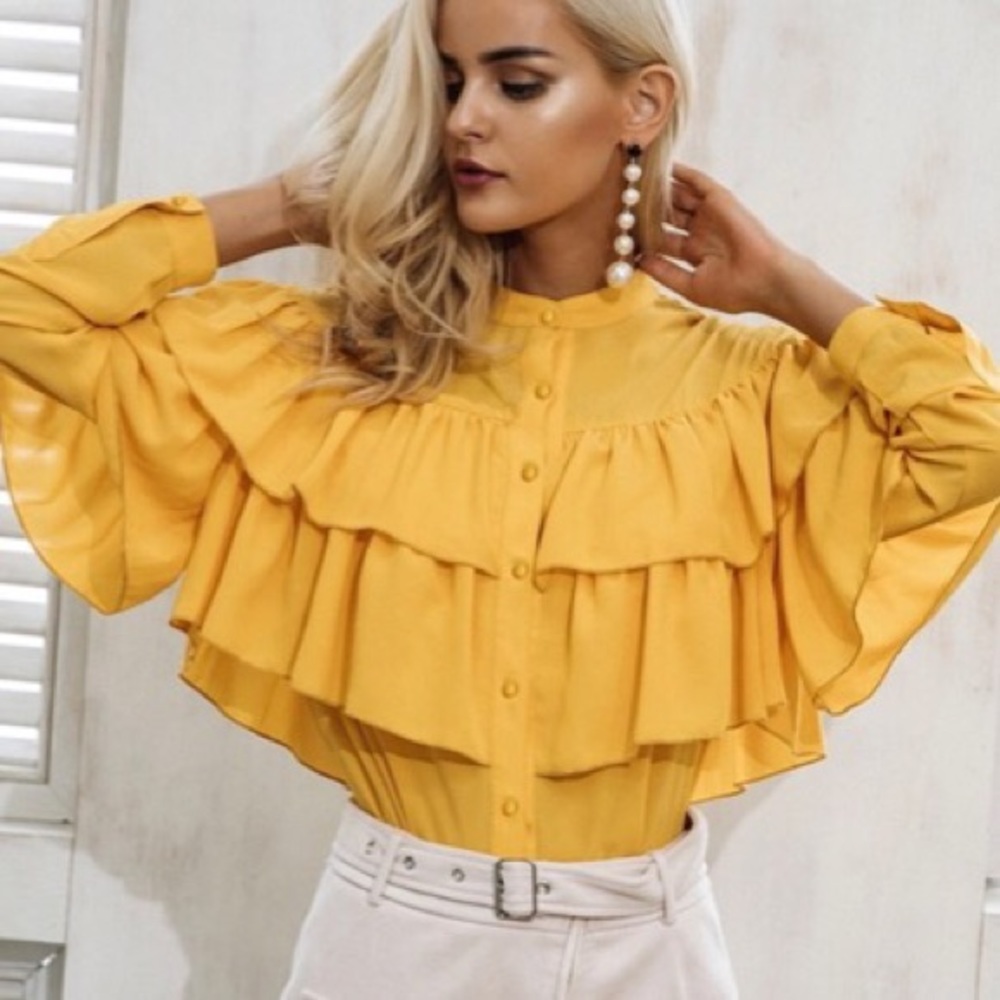 ‘Bethany’ Mustard Yellow Ruffle Top